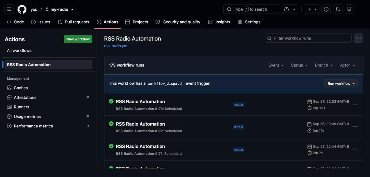 Actions タブの RSS Radio Automation