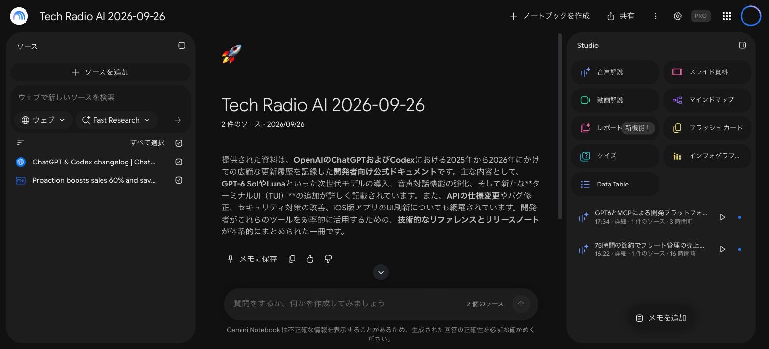 NotebookLM のノートブック画面